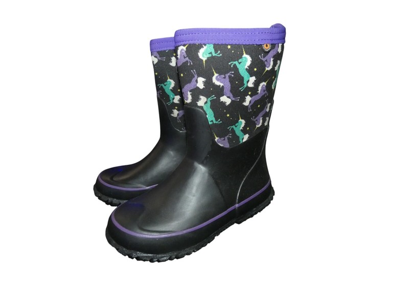 BOGS Youth Girls Waterproof Boots Black Unicorns Big Girl 1 NWOB