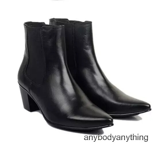 British Dress Shoes Mens Real Leather Pointy Toe Cuban Heel Chelsea Ankle Boots