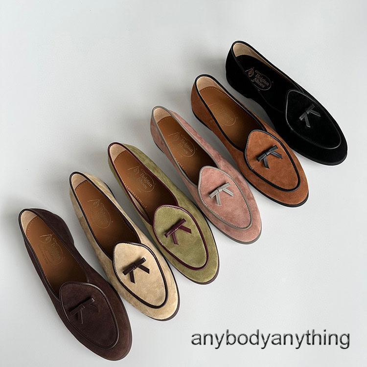 British Retro Womens Flats Loafers Casual Round Toe Real Suede Shoes Slip On Bow