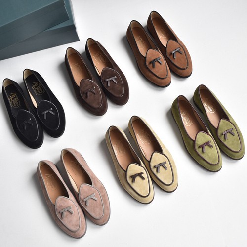 British Retro Womens Flats Loafers Casual Round Toe Real Suede Shoes Slip on Bow