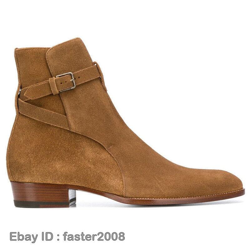 Buckle Mens Pointed Toe Chelsea Ankle Boots Shoes Real Leather Mid Heels British