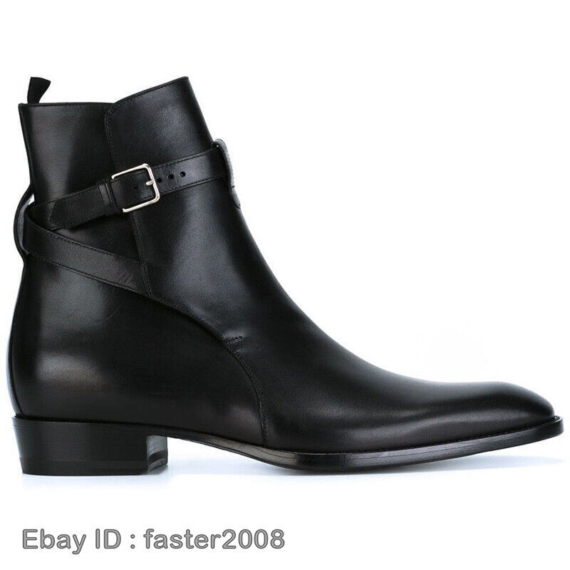 Buckle Mens Pointed Toe Chelsea Ankle Boots Shoes Real Leather Mid Heels British