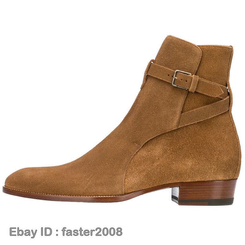Buckle Mens Pointed Toe Chelsea Ankle Boots Shoes Real Leather Mid Heels British