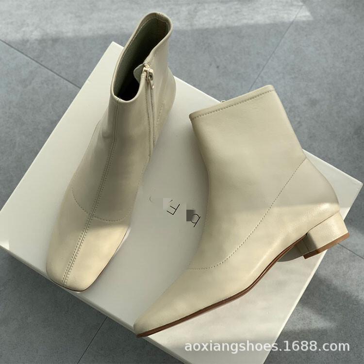 By Far Women's Boots Square Toe And Side Zipper Short Boots Made Of Sheepskin