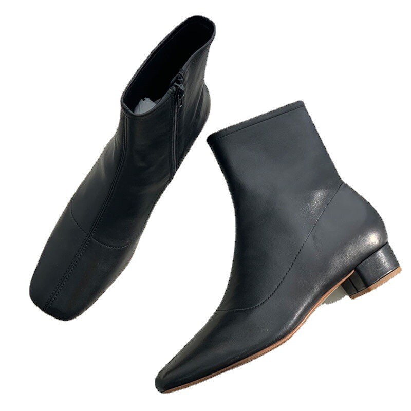 By Far Women's Boots Square Toe And Side Zipper Short Boots Made Of Sheepskin
