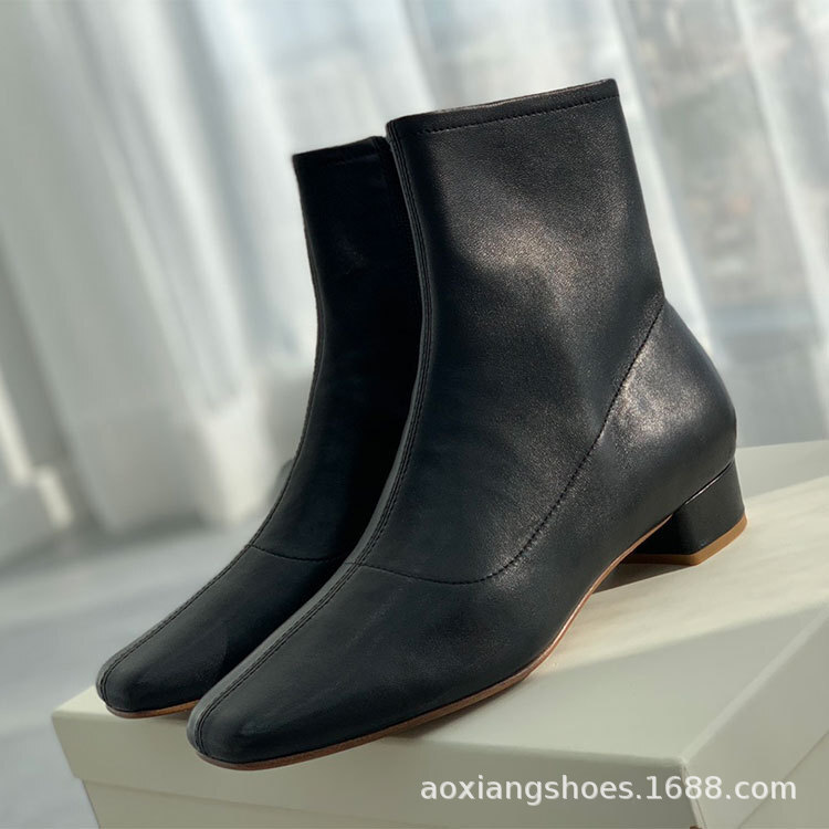 By Far Women's Boots Square Toe and Side Zipper Short Boots Made of Sheepskin