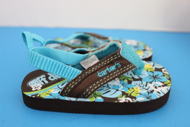 Carter's~Aqua & Brown~Baby Toddler FLIP FLOP Sandals~Size 2~Surf Dude~Tropical