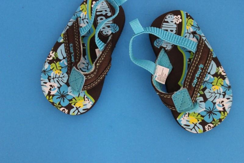 Carter's~Aqua & Brown~Baby Toddler FLIP FLOP Sandals~Size 2~Surf Dude~Tropical