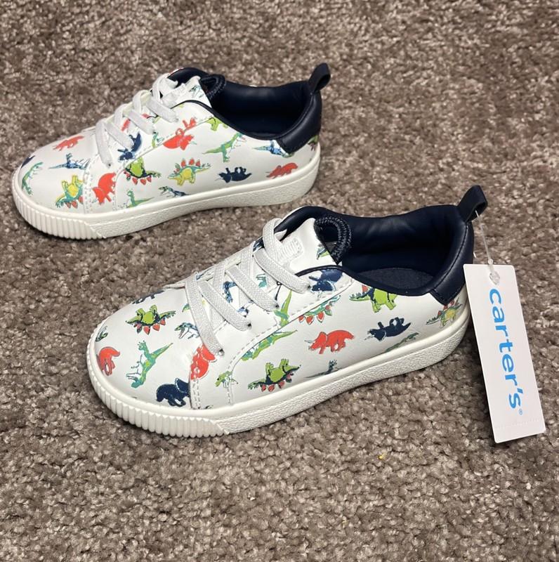 Carter's Boys White Tryptic Sneaker Dinosaur Shoes Size 8 Toddler Wipe Away Tech