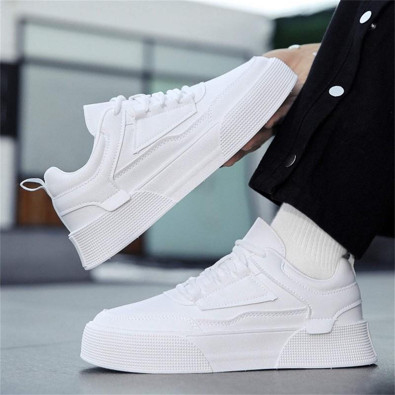 Casual Men Sneakers Lace Up Round Toe White PU Upper Flat Sole Solid Color Shoes