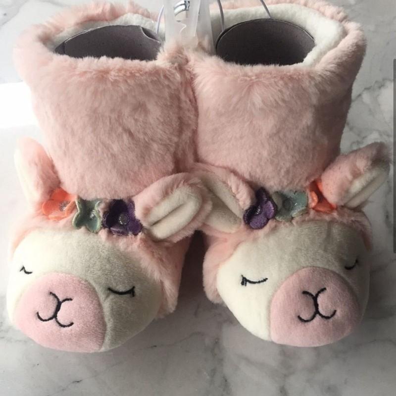 Cat And Jack Slippers Llama Pink Boots Fuzzy Girls 5/6 Toddler Flowers