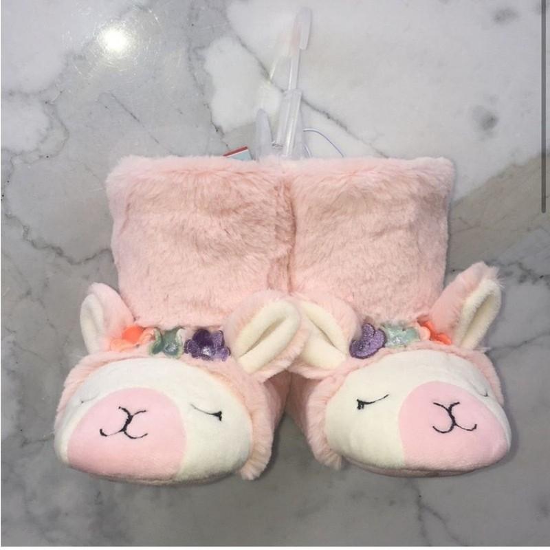 Cat And Jack Slippers Llama Pink Boots Fuzzy Girls 5/6 Toddler Flowers