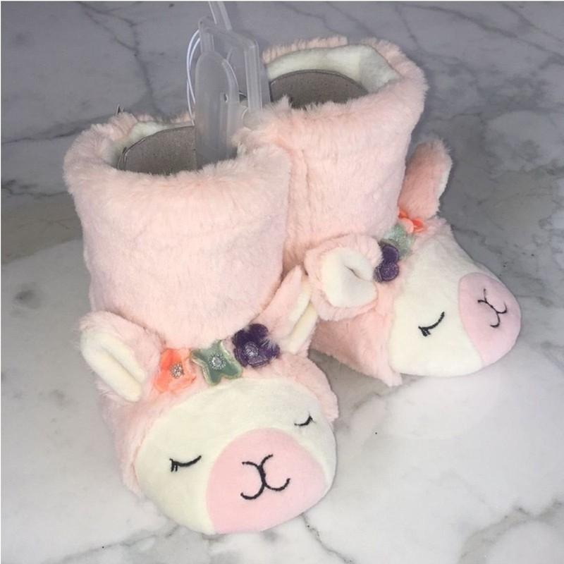 Cat And Jack Slippers Llama Pink Boots Fuzzy Girls 5/6 Toddler Flowers
