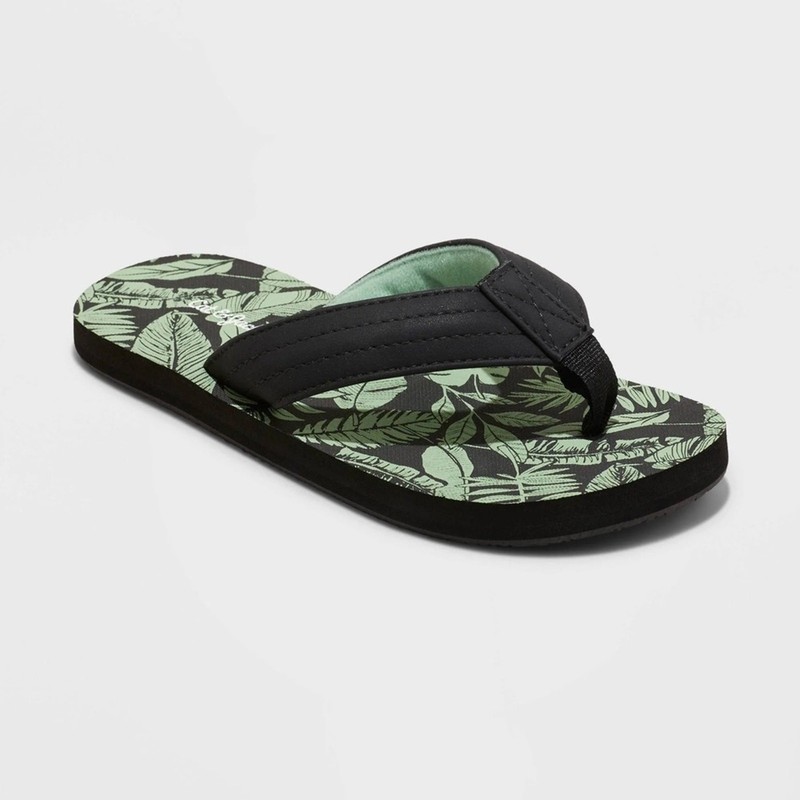 Cat & Jack Black and Green Kids Flip Flops Cal Leaf Print 2/3
