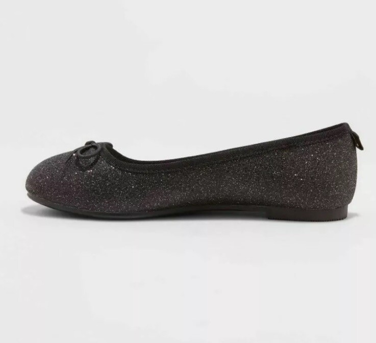 Cat & Jack Girls Glitter Ballet Flats Shoes Size 1 Black Slip On Holiday Sparkle