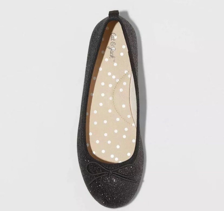 Cat & Jack Girls Glitter Ballet Flats Shoes Size 1 Black Slip On Holiday Sparkle
