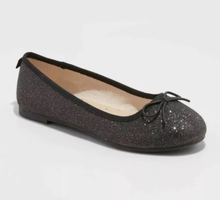 Cat & Jack Girls Glitter Ballet Flats Shoes Size 1 Black Slip On Holiday Sparkle