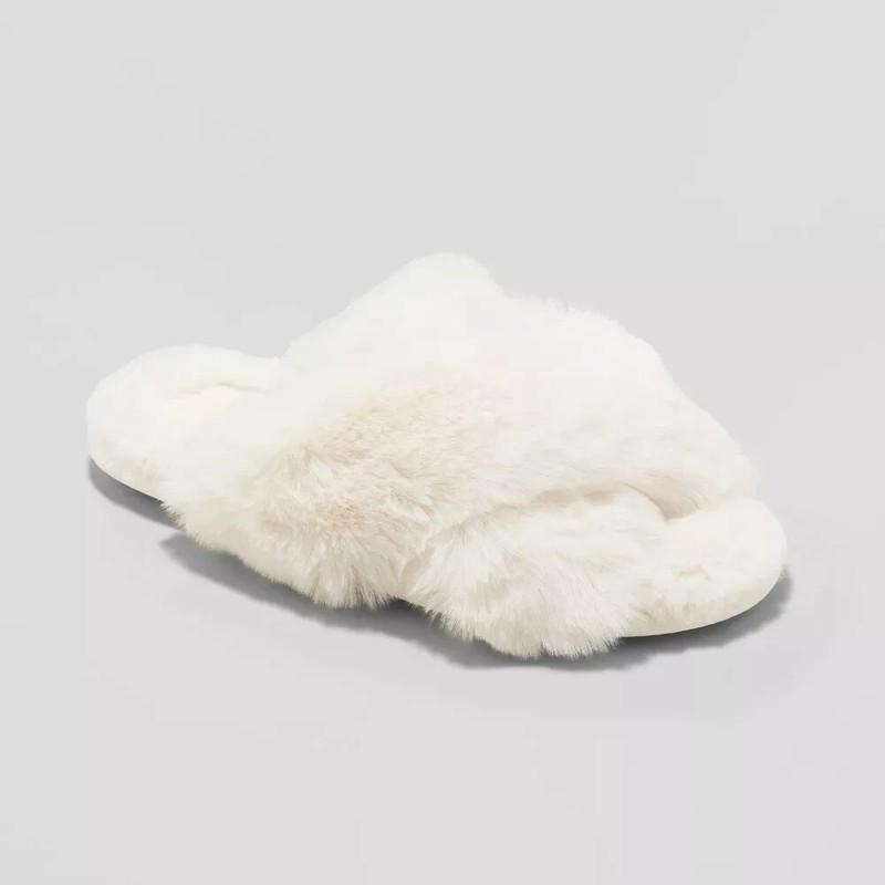 Cat & Jack Girls Soft & Furry Cross Front Slide Slippers (Size L/4-5) Cream ~NEW