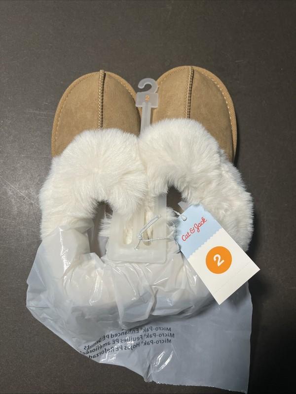 Cat & Jack Kids Girls Lizzie Faux Fur Cuff Bootie Slippers Brown Mollie Size 2