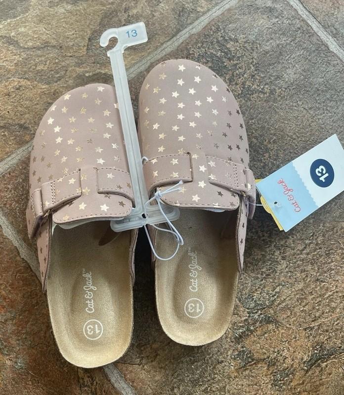 Cat & Jack Pink W/Gold Stars Slip On Sandals Clogs Mules Shoes Girls 13 Footbed