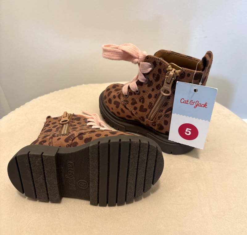 Cat & Jack Toddler Girl Size 5 Amaya Lace Up Zipper Boots NWT Brown Animal Print
