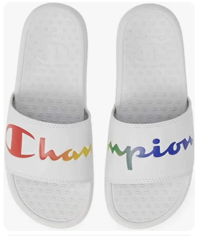Champion Women Super Slide White Rainbow Split Script Sandals Size 11 Slip On