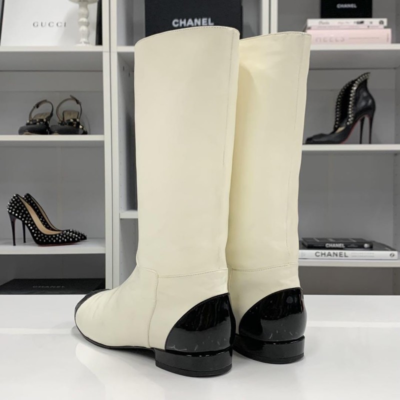 CHANEL Leather Mid Heel Boots Bootie Shoes Women Size 35 COCO MARK Ivory Black