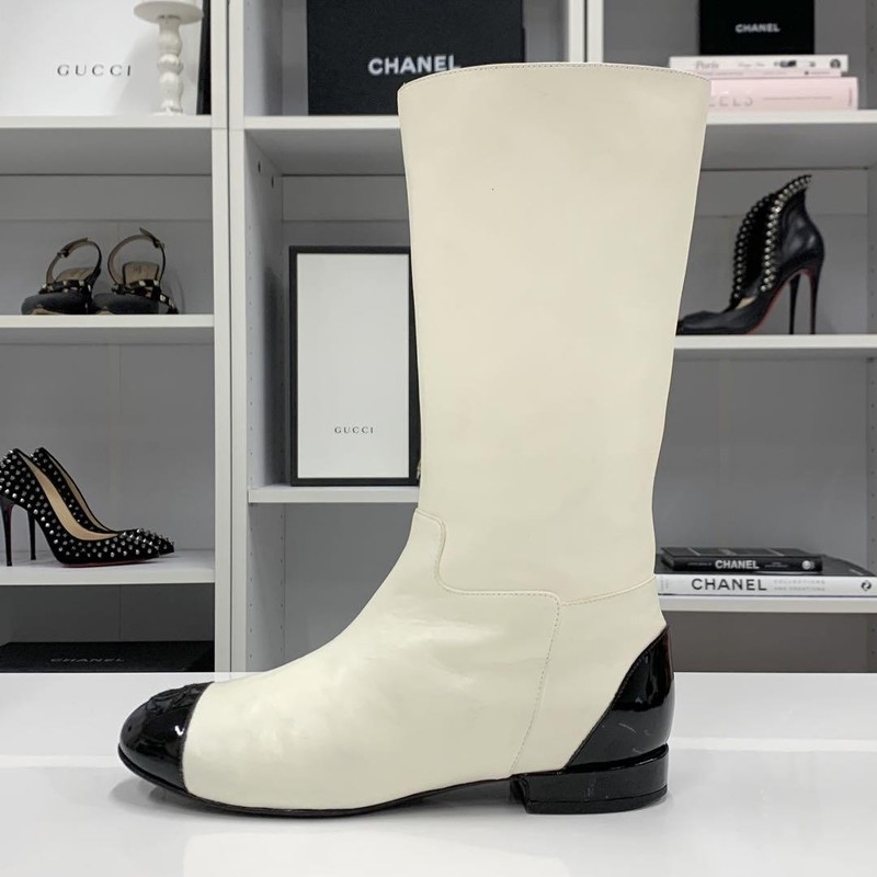 CHANEL Leather Mid Heel Boots Bootie Shoes Women Size 35 COCO MARK Ivory Black