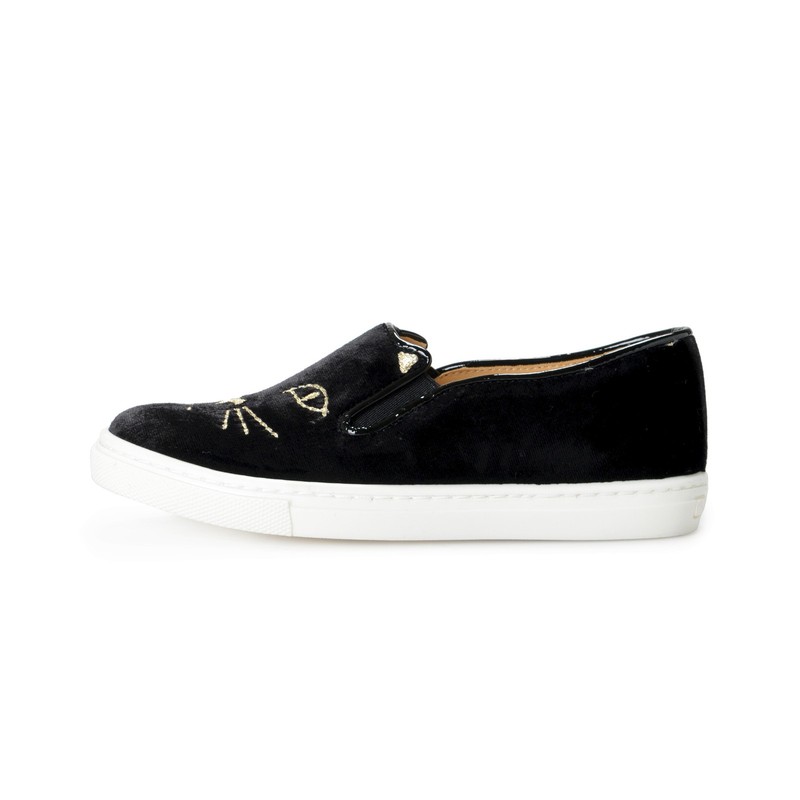 Charlotte Olympia Girls "INCY COOL CATS" Black Velvet Leather Loafers Shoes