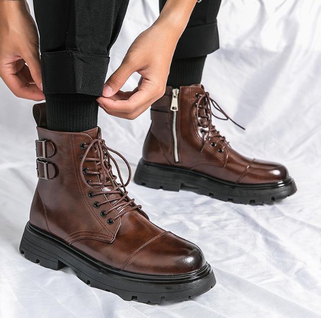 Chelsea Boots Men's Round Toe High Top Lace Up Ankle Boots British Style Shoes