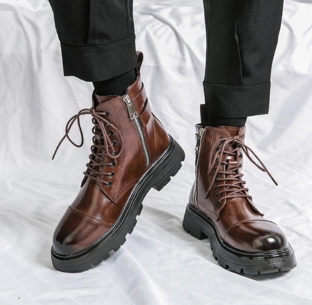 Chelsea Boots Men's Round Toe High Top Lace Up Ankle Boots British Style Shoes