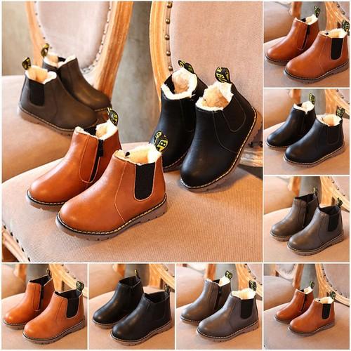 Children Boys Girls Winter Warm Fur Lined Shoes Ankle Boots Kids Chelsea Shoes