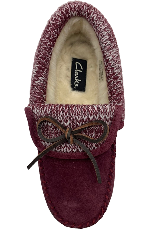 Clarks Suede Moccasin Slippers With Sweater Trim Burgundy