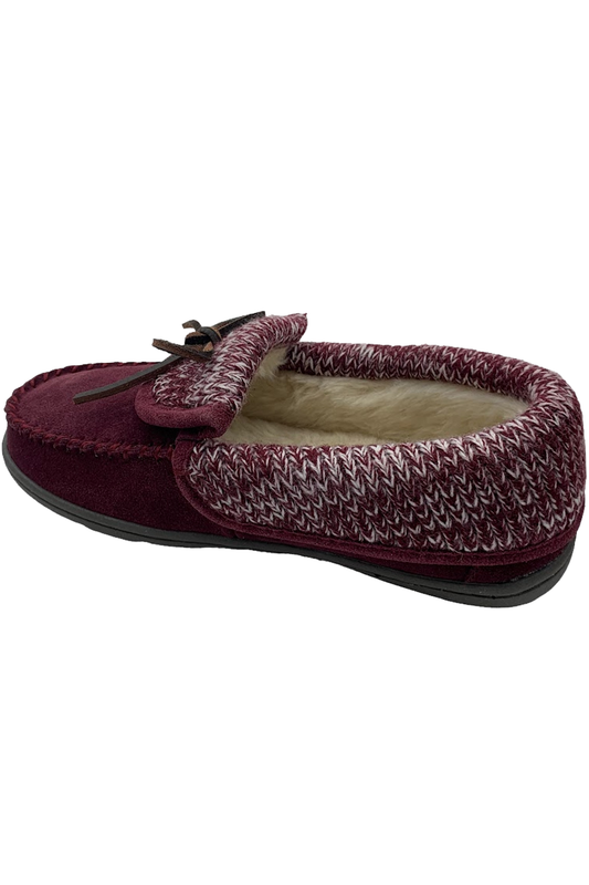 Clarks Suede Moccasin Slippers With Sweater Trim Burgundy