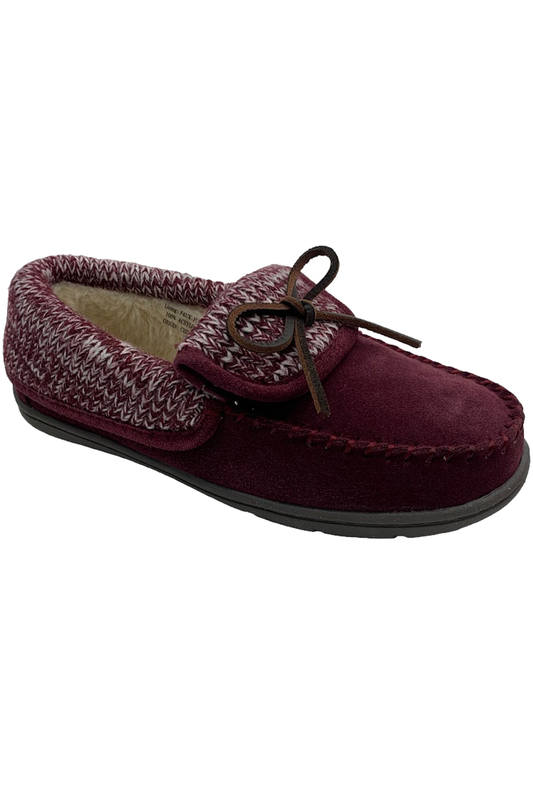 Clarks Suede Moccasin Slippers with Sweater Trim Burgundy