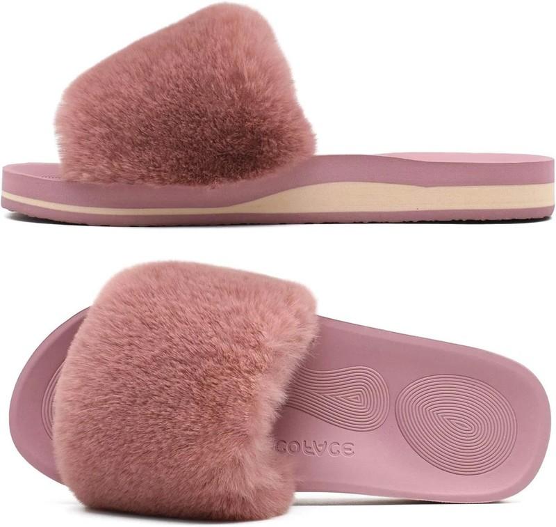 COFACE Womens Sliders Plush House Slippers Flat Sandals Memory Foam