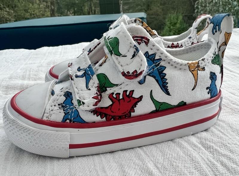Converse Toddler Boy Girl Sz4 Dinosaur Sneakers Adjustable Strap Hook And Loop