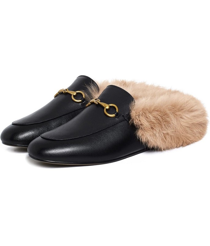 Coonek Women’s Mule Black Faux Leather Fur Lined Flat Shoes Sz 8.5 Free Shipping
