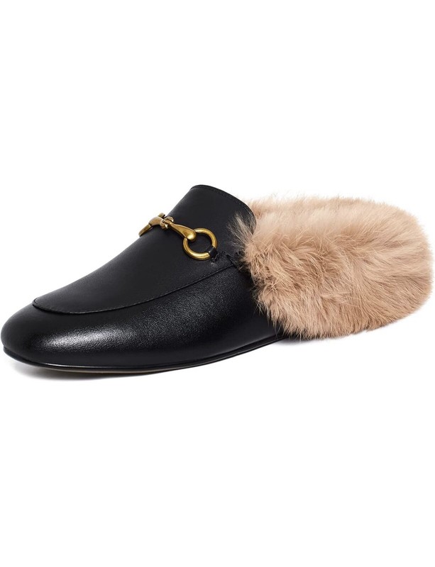 Coonek Women’s Mule Black Faux Leather Fur Lined Flat Shoes Sz 8.5 Free Shipping