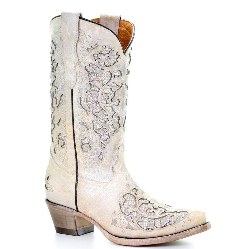 Corral Teens White Glitter Inlay & Embroidery Wedding Boots T0021
