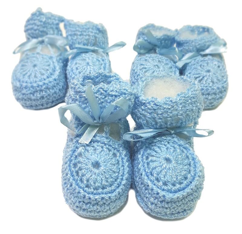Crochet Baby Booties Ribbon Newborn Pink White Blue Unisex Size 0-3 Months Crib
