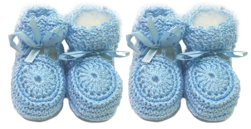 Crochet Baby Booties Ribbon Newborn Pink White Blue Unisex Size 0-3 Months Crib