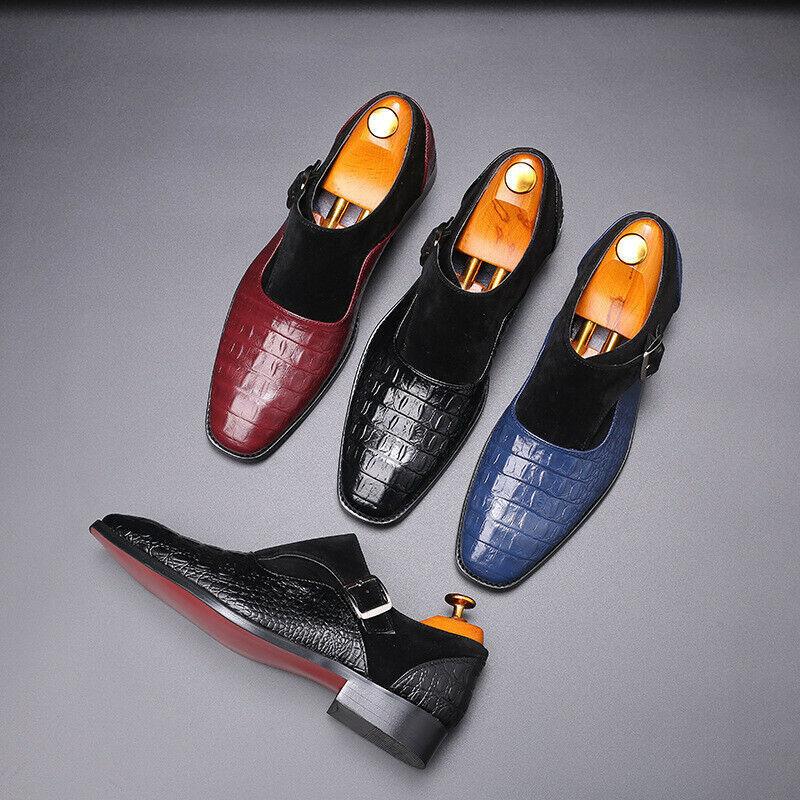 Crocodile Splicing Men's Monk Strap Leather Shoes Business Formal Dress Loafers