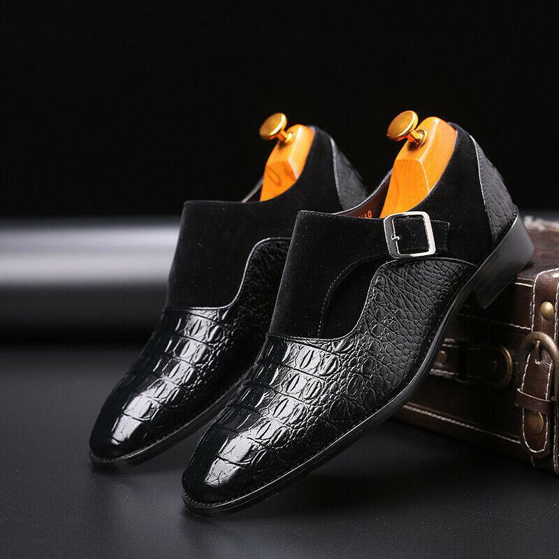 Crocodile Splicing Men's Monk Strap Leather Shoes Business Formal Dress Loafers