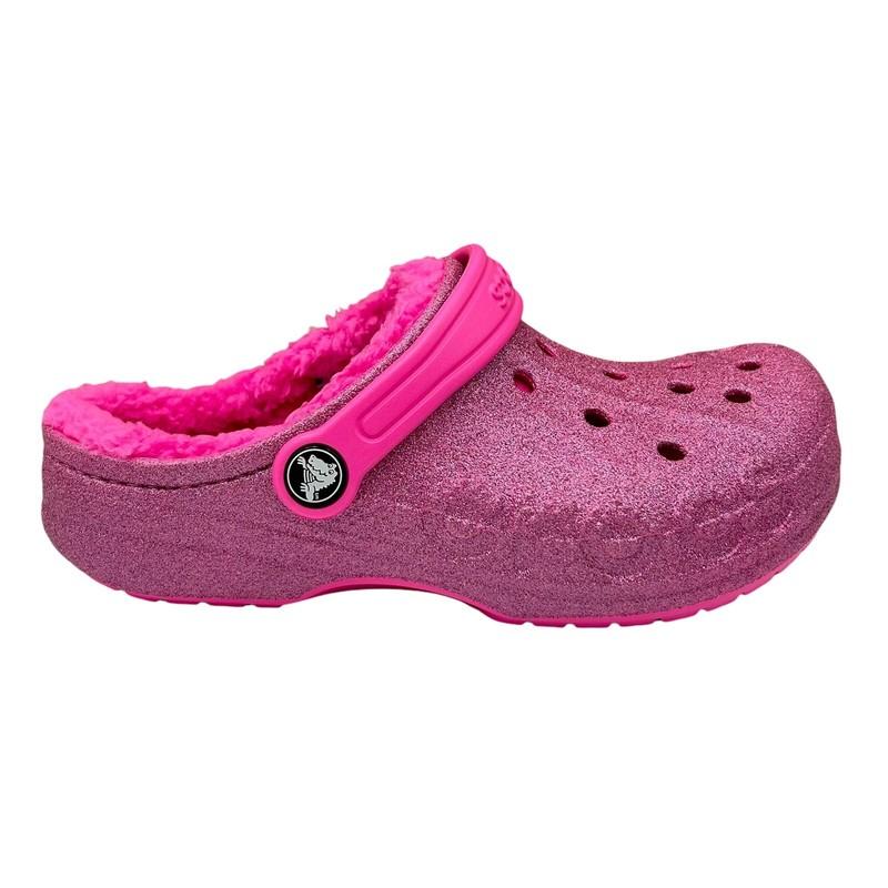 Crocs Baya Youth Girl's Faux Fur Glitter Clogs Size 2-3 (J2-J3) Pink Slip-on