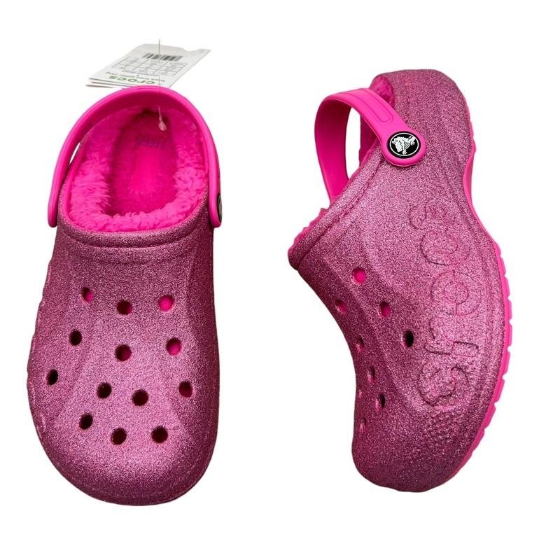 Crocs Baya Youth Girl's Faux Fur Glitter Clogs Size 2-3 (J2-J3) Pink Slip-on