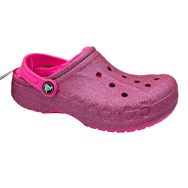 Crocs Baya Youth Girl's Faux Fur Glitter Clogs Size 2-3 (J2-J3) Pink Slip-on