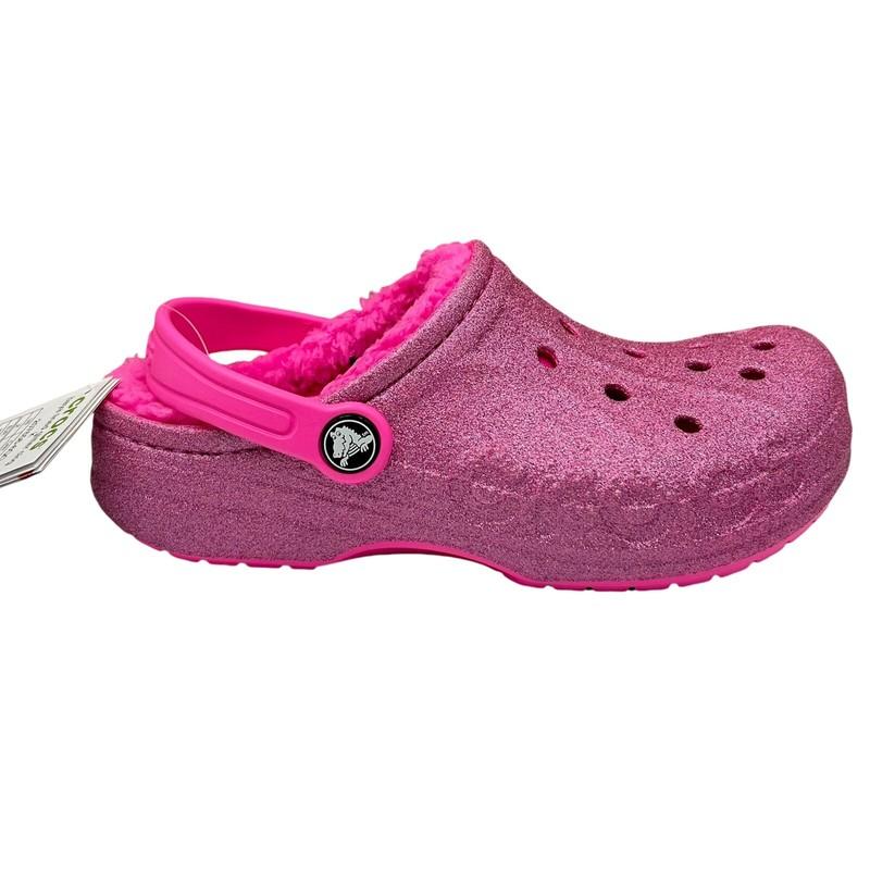 Crocs Baya Youth Girl's Faux Fur Glitter Clogs Size 2-3 (J2-J3) Pink Slip-on