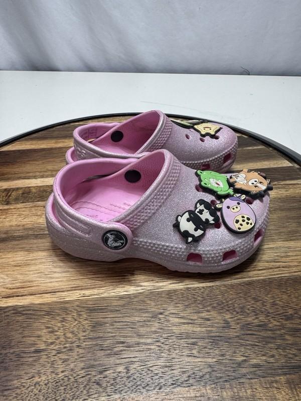 Crocs Classic Glitter Clogs Kids Sz C8 Pink Sparkle Slip-on Sandals Rubber