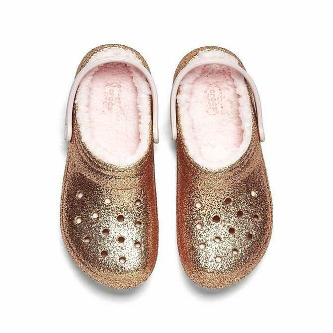 Crocs Girls Size C7 Classic Glitter Slip On Fleece Lined Clog Gold/Pink 205937